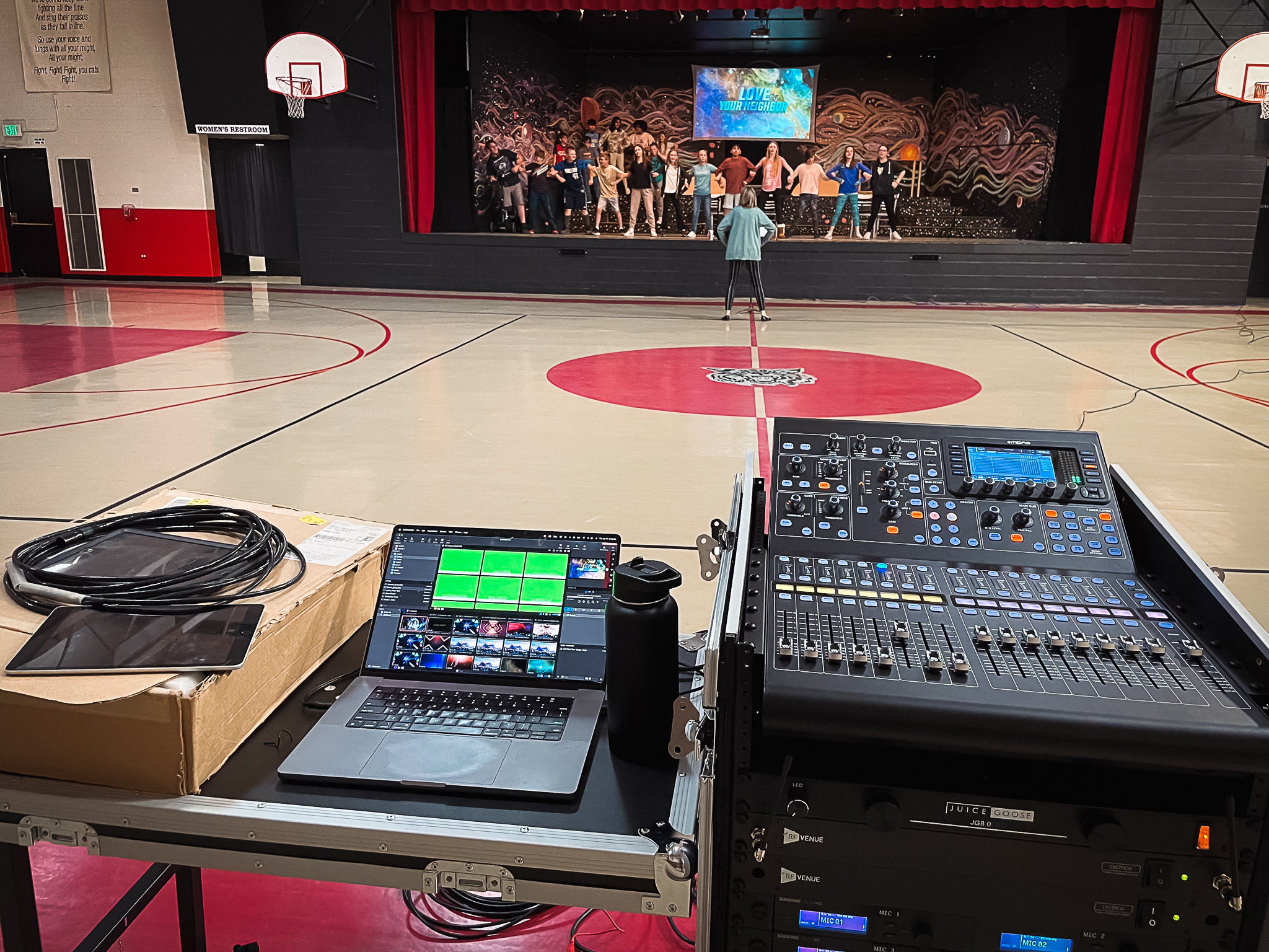 Gymnasium stage rehearsal